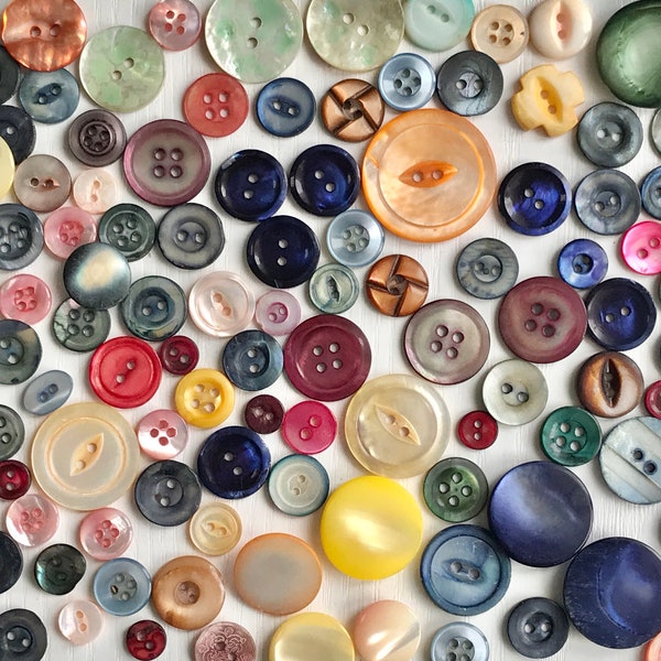 Tinted Mother-of-Pearl Buttons, Vintage and New, 120 Assorted Buttons, 5/16" to 1 1/16", Multi Colors, Sew Thrus and Shanks, Craft Buttons
