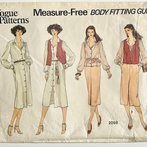 May include: Vintage Vogue Patterns envelope featuring illustrations of women's clothing designs. The designs include button-down dresses, blouses, skirts, and vests. The text "Measure-Free BODY FITTING GUIDE" is visible. The pattern number is 2098.