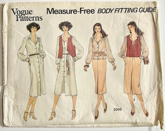 Vogue 2098, Measure Free Body Fitting Guide, Separates Pattern, Misses' Dress, Blouse, Skirt & Vest, Size 10, Uncut Vogue Pattern, 1970s