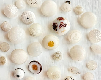 White Glass Buttons, Vintage/Antique, 30 Assorted, 3/8" to 11/16" Diameter, 9 Swirl-Back Charmstrings, Assorted Shanks, Collectible Buttons