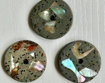Composition-Inlay Buttons, Antique, Set of 3, Grey with Speckles, Mother of Pearl Inlay, 15/16" Diameter, Sew Through Whistle, Collectible