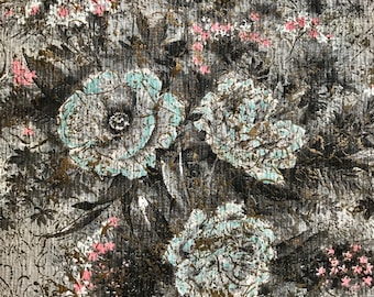 Vintage Cotton Barkcloth, 23 Inch Square Panel, Rose Bouquet Design, Grey, Aqua, Pink & White, 40s/50s Barkcloth