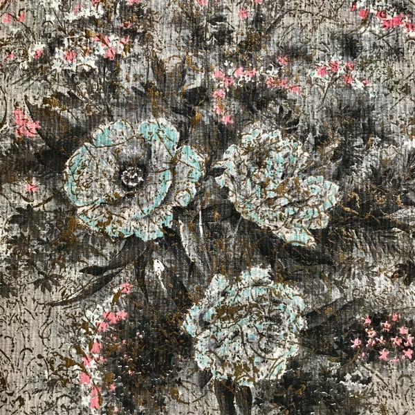 Vintage Cotton Barkcloth, 23 Inch Square Panel, Rose Bouquet Design, Grey, Aqua, Pink & White, 40s/50s Barkcloth