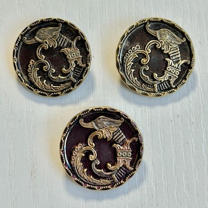 Tinted-Brass Picture Buttons, Set of 3, Rare Antique, Fabulous Creature-Dragon, 1&quot; Diameter, Brass Loop Shanks, Collectible Buttons