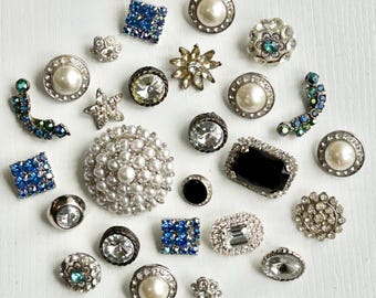 Rhinestone-Metal Buttons, Faux Pearls, 26 Assorted, Vintage, Clear, Blue & Black Glass, Blue Aurora Borealis, Silver-Tone Metal and Plastic