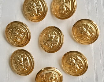 Metal Coat-of-Arms Buttons, Eagle Design, Gold Tone, New Old Stock, Set of 8, 3/4&quot; Diameter, Self Shank, Excellent Condition