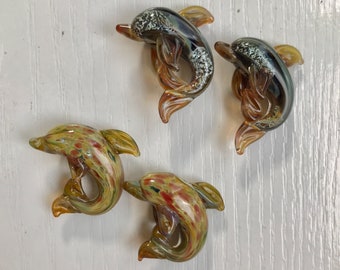 Glass Dolphin Beads, Lampwork & Silver Foil, Black and Gold Colors, Focal Piece Beads, 1 Inch, Sets of 2, Jewelry Crafting Supply