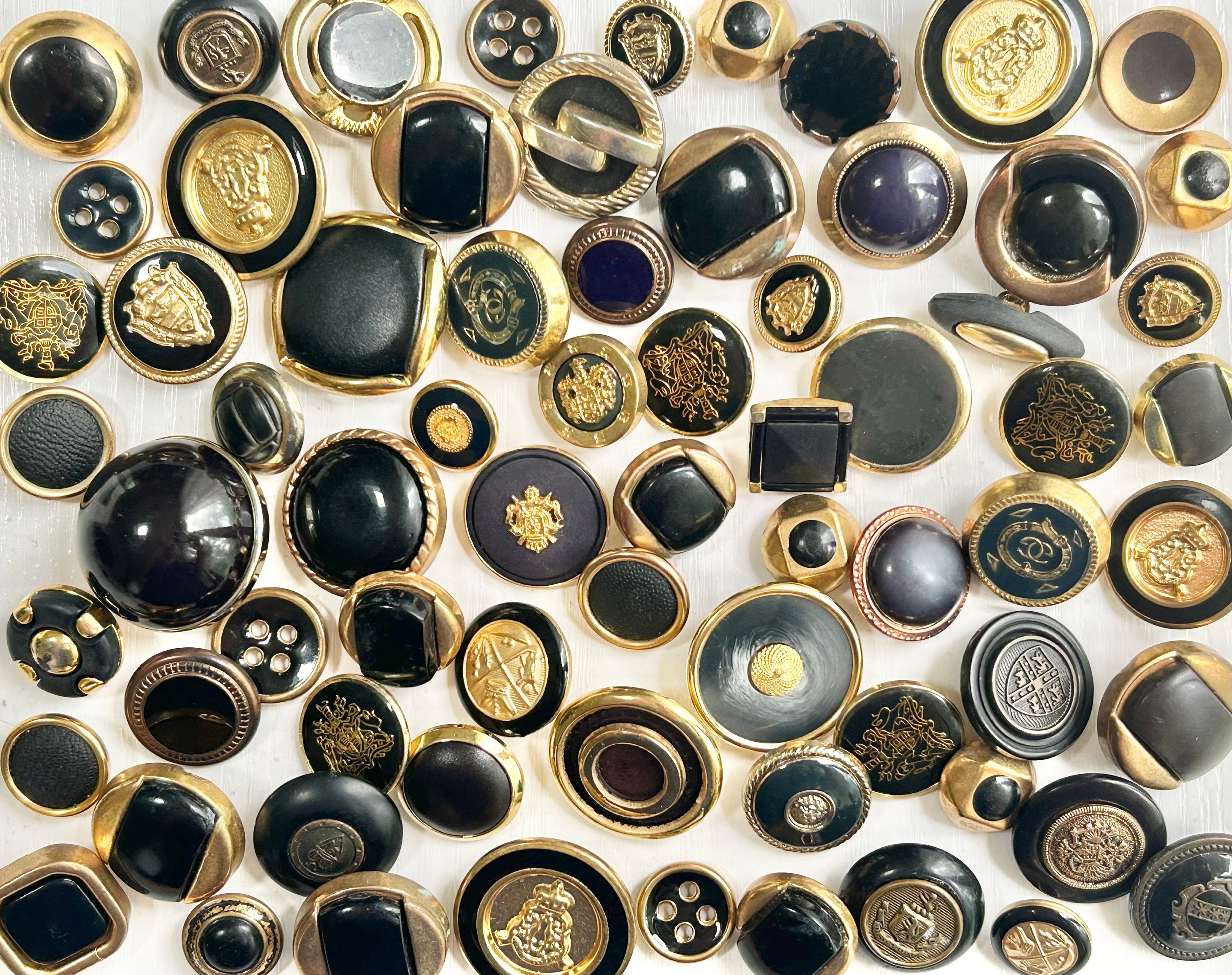 Metal-Plastic Buttons, Vintage, 70 Assorted Sizes, Emblem Plus Styles, Black, Metallic Plastic & Gold-Tone Metal Buttons, Crafting Buttons