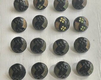 Black-Glass Diminutive Buttons, Vintage, Set of 16, 5/16" Diameter, Hand Gold & Yellow Luster Paint, Self Shanks, Collect Buttons, As Is