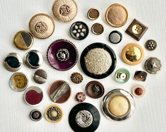 Multi-Content Buttons, Early Plastic & Metals, Vintage, 30 Assorted, 7/16" to 1 5/8" Diameter, Very Good Condition, Curated Collection
