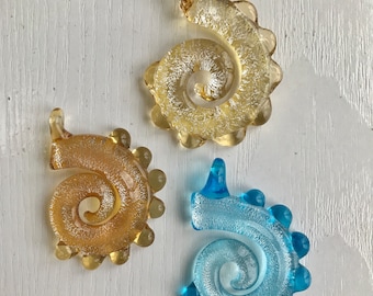 Blown-Glass Focal-Point Pendant, Spiral, Three Color Options, Gold & Turquoise, Glass Jewelry Crafting Supply, Artisan Blown Glass Pendant