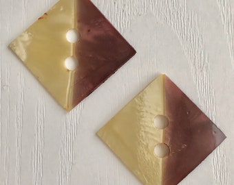 Celluloid Wafer Buttons, Vintage, 1 3/4" Diagonal, Two-Tone Beige & Brown, Two Large Holes, Art Deco Collectible