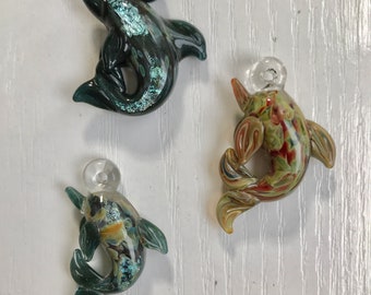 Glass Dolphin Pendant, Lampwork & Silver Foil, Teal, Green and Gold Colors, Focal Piece Pendant, 1 1/4 Inches, Jewelry Crafting Supply