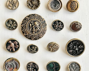Pictorial Metal Buttons, Collection #11, 16 Assorted, Antique, Brass, Assorted Metals, 1/2" - 1 1/8" Diameters, Collectible