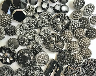 Luster-Painted Glass Buttons, Vintage, 55 Assorted Sizes, Black Buttons, Silver Luster Paint, Self, Loop and Box Shanks, Some Back Marks