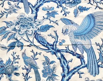 Schumacher Tree of Life Birds Cotton Sateen Fabric Remnant, Blue Botanical Print