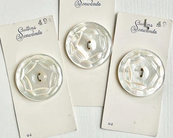 Carved Mother-of-Pearl Buttons, Vintage But New, 3 Cards of 1 Each, Coat Buttons, 1 3/8" Diameter, Sew Thru, Collect or Craft Buttons