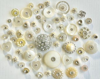 Plastic-Rhinestone Button Lot, Vintage, 60 Assorted Whites & Pastels, Range of Sizes, Plastic Buttons, Glass Rhinestones, Self Shanks