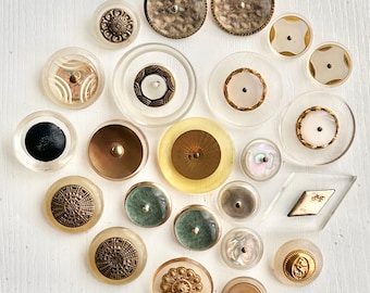 Lucite-Metal Buttons, Early Plastic & Metals, Vintage, Some Fabric and MOP, 23 Assorted, Very Good Condition, Curated Collection
