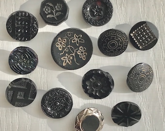 Black Glass Buttons, Antique, 13 Assorted, 5/8" to 15/16", Silver Luster Paint, Self and Brass Loop Shanks, Loved Antique Condition