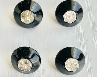 Glass Coronet Buttons, Antique Swirl-back, Black & Clear Glass, Set of 4, 5/8 Inch, Brass Loop Shank, Excellent Condition