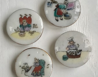 Lois Catkin Buttons, Rare Vintage, Set of 4, Sing a Song of Sixpence, Porcelain & Gold Paint, LC Backmark on All, Charming Vintage Card