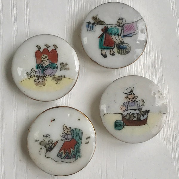 Lois Catkin Buttons, Rare Vintage, Set of 4, Sing a Song of Sixpence, Porcelain & Gold Paint, LC Backmark on All, Charming Vintage Card