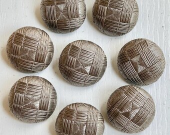 Corded Passementerie Buttons, Set of 8, Antique, 7/8" Diameter, Gray/Taupe Silk, Excellent Condition, Painted Metal with Pad Center Backs