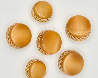 Modern Plastic Buttons, Vintage, Set of 6, Two Sizes 11/16" and 7/8", Gold & Beige, 1960's style
