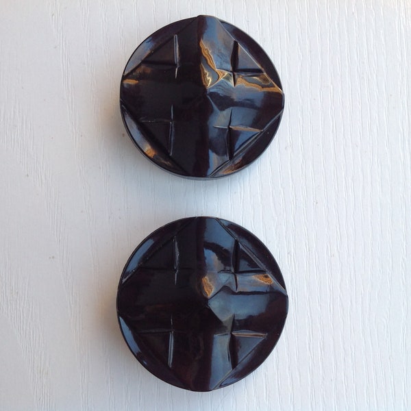 Plastic Coat Buttons, Vintage, XL-1 3/4 Inch Diameter, Set of 2, Black Color, Cross Pattern, Self-Shank, Excellent Condition