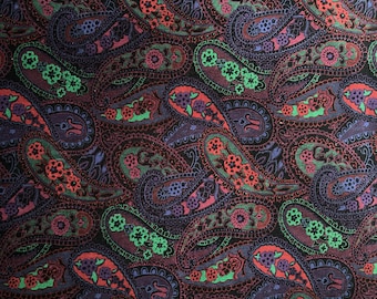 Baby-Wale Corduroy, 2 Yards, Purple, Red, Green & Black Paisley Floral, Printed, Remnant Piece, Vintage