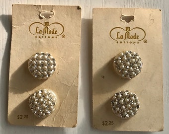 Rhinestone Carded Buttons, Original Vintage La Mode Cards, Clear Glass, White Plastic, 4 Buttons, 2 Cards, 3/4" Diam, New Old Stock Buttons