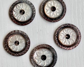 Carved Smoky-Pearl Buttons, Mother-of-Pearl, Vintage Victorian Era, Set of 5, Copper Iridescent, 11/16" Diameter, Whistle Sew-Through