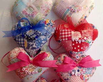 Fabric Hanging-Hearts Garlands, Hand Sewn & Crafted, Shabby Country Style, 6 Unique Garlands, Charm or Glass Heart Talisman, Bead Names