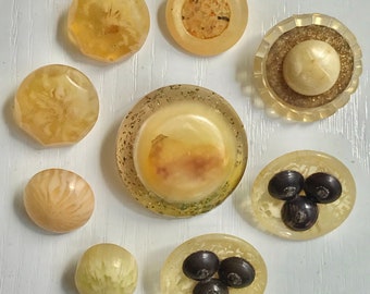 Celluloid Buttons, Vintage, 9 Assorted, Yellows, Celluloid Loop Shank, Collectible Celluloid Button Lot