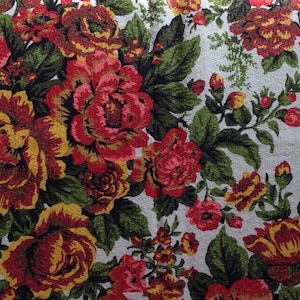 Vintage Cotton Barkcloth, House N Home Fabrics & Draperies, 2 1/4 Yard Curtain Panel, Cabbage Roses, 60&#39;s/70s Barkcloth, Vivid Color