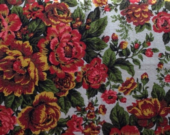 Vintage Cotton Barkcloth, House N Home Fabrics & Draperies, 2 1/4 Yard Curtain Panel, Cabbage Roses, 60's/70s Barkcloth, Vivid Color