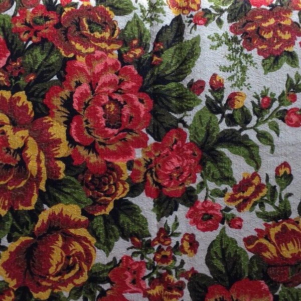 Vintage Cotton Barkcloth, House N Home Fabrics & Draperies, 2 1/4 Yard Curtain Panel, Cabbage Roses, 60's/70s Barkcloth, Vivid Color