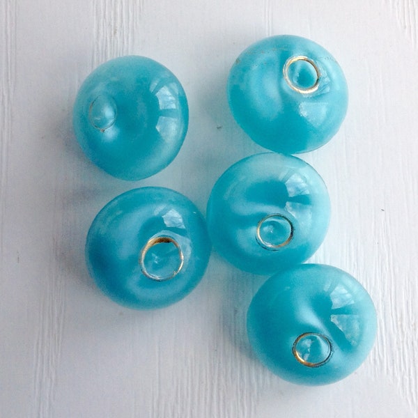 Glass Moonglow Buttons, Vintage, Gold Luster Paint, Aqua, Set of 5, Round Domed, 5/8" Diameter, Self Shank