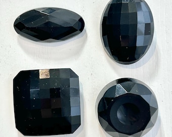 Faceted Mourning-Glass Buttons, Victorian Era, Rare Black Glass, 4 Assorted Large, Brass Box Shanks & Brass Loop Shanks, Good Condition