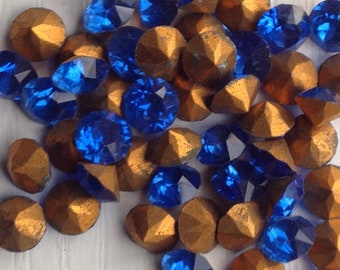 Round Glass Rhinestones, 50 Count, Vintage 1950&#39;s, 5mm(3/16&quot;), Sapphire Color, Pointed Back, Gold-tone Foiled Back, Swarovski Glass