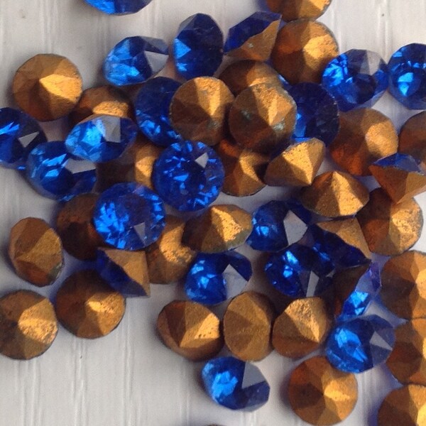 Round Glass Rhinestones, 50 Count, Vintage 1950's, 5mm(3/16"), Sapphire Color, Pointed Back, Gold-tone Foiled Back, Swarovski Glass