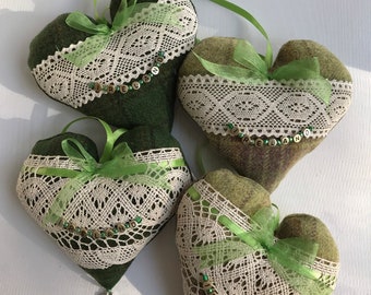 Tartan Hanging Hearts, Ireland Inspired, Heart Home Decor, Cottage Chic Decor, Hand-Crafted Wool Hearts