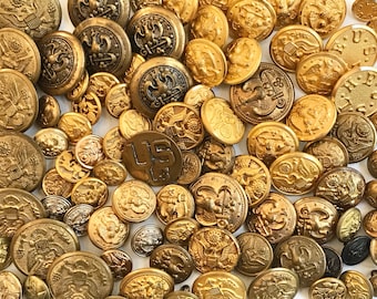 Military/Military-Style Metal Buttons, Antique, Vintage & New, Eagle Style Buttons, Assorted Sizes, Back Marks, Includes U.S.13 Collar Pin
