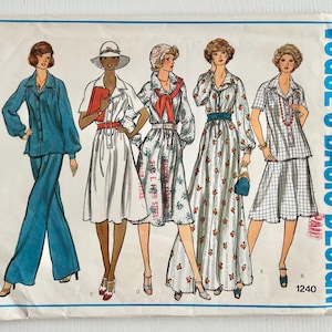 May include: Vintage Vogue's Basic Design sewing pattern featuring illustrations of five different women's outfits. The outfits include a pantsuit, dresses, and a skirt set. The pattern number 1240 is visible in the lower right corner. The color palette includes blue, white, and red.