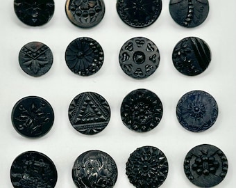 Black Glass Buttons, Antique, 16 Assorted, 7/16" to 9/16", Self and Brass Loop Shanks, Victorian Era, Collectible Buttons