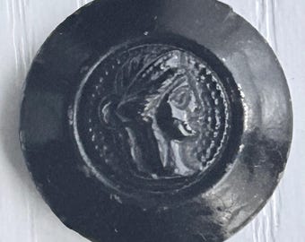 Painted-Metal Cameo Button, Antique, Pad Back, 5/8 Inch Diameter, Center Cameo Inset, Black Painted, Collectible, Civil War Era Button