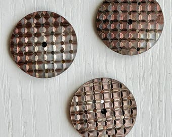 Mother-of-Pearl Whistle Buttons, Rare Vintage, Set of 3, Carved & Tiny Inset Metal Mirrors, 1" Diameter, Vintage Sewing Collectible