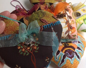 Fabric Hanging Hearts, Hand Sewn & Crafted, Shabby Country Style, 6 Unique Styles, Charm Talisman, Home Decor