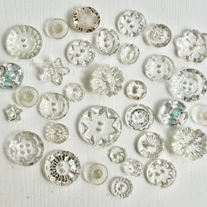 Depression Glass Buttons, Vintage, Clear Glass, 33 Assorted Flowers and Stars, 3/8&quot; to 7/8&quot;, Self-Shank & Sew Through, Lovely Condition